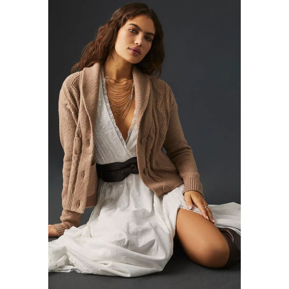Pilcro Cropped & Collared Cable-Knit Cardigan Sweater